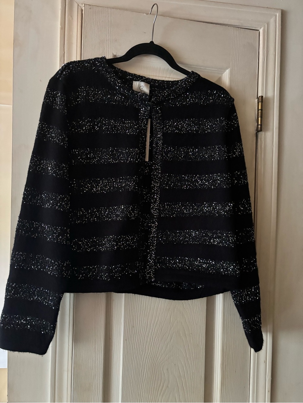 Sioni Black Open Front Striped Sparkle Blazer